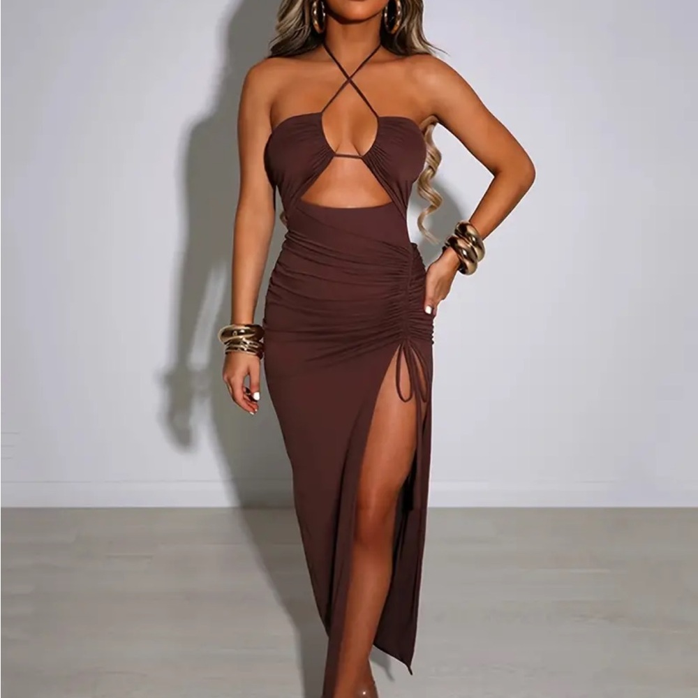Elegant Brown Halter Dress